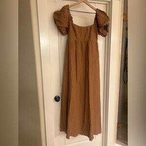 100% linen camel Puff Sleeve Maxi Dress